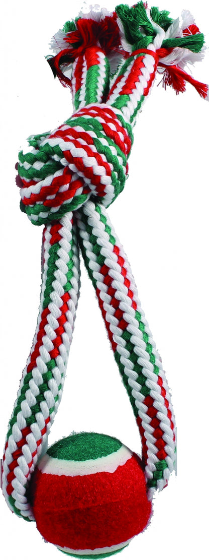 SPOT Holiday Crinkle Rope With Tennis Ball Tug Dog Toy